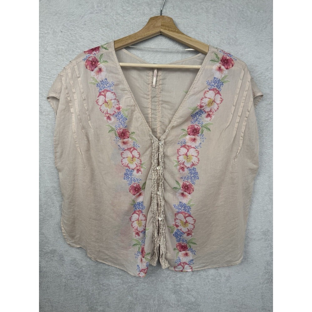 Free People Floral Embroidered Blouse Coastal Boho Cottagecore Peasant Top Lg